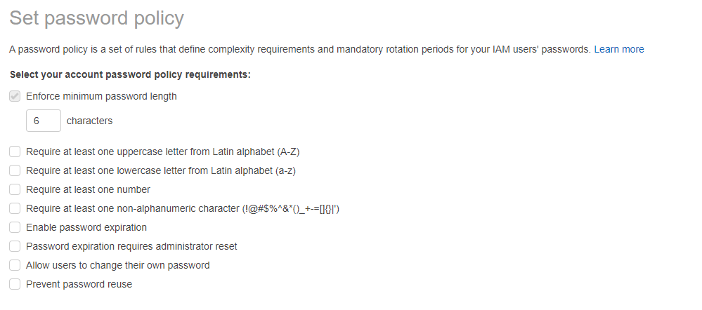 Set a password policy in AWS IAM to protect your account.