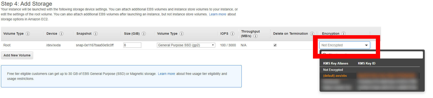 In EC2, head to the “Add Storage” section of the “Create Instance” wizard to enable encryption.